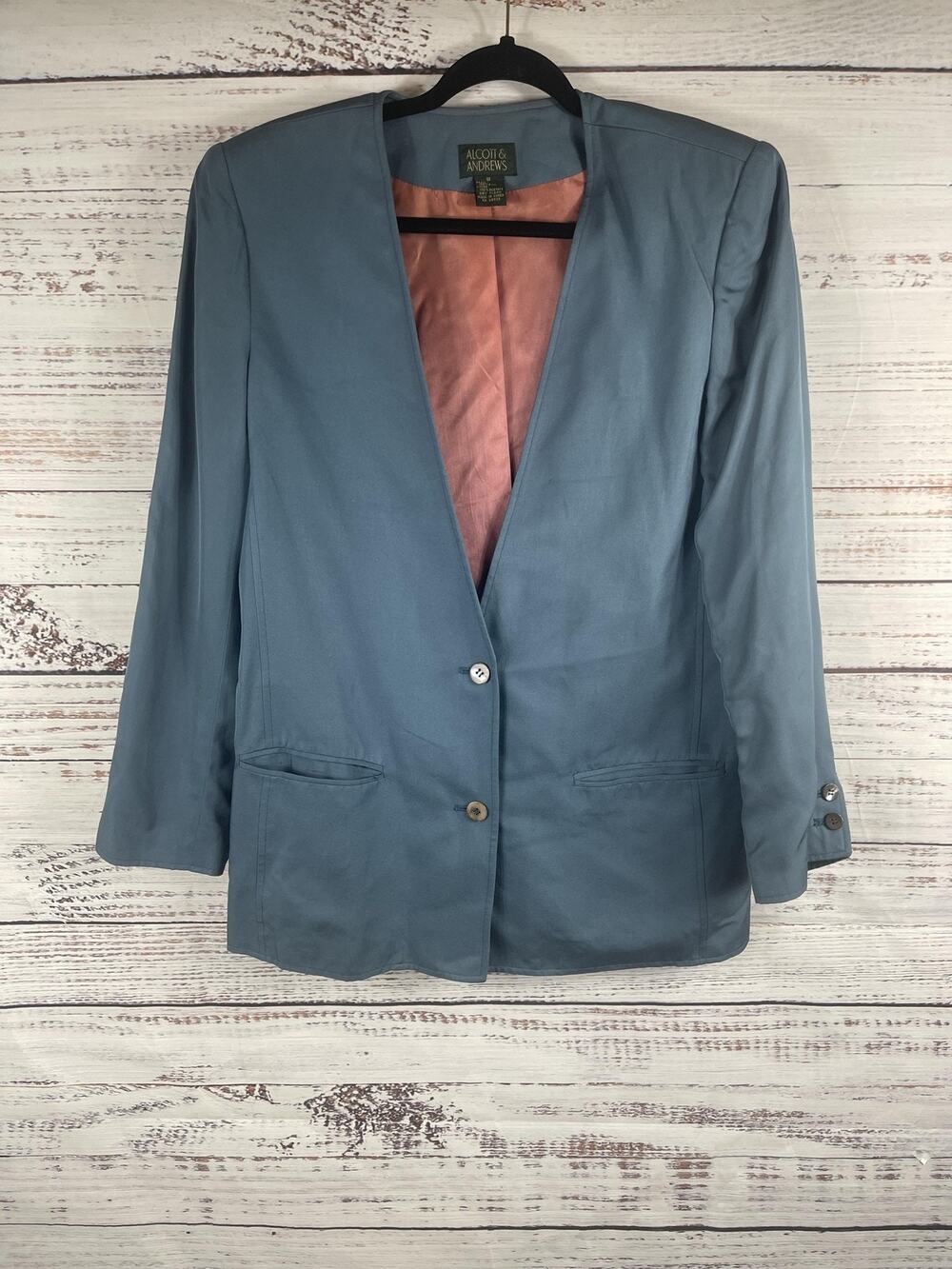 Alcott & Andrews Blazer Women's 12 Blue 100% Silk Collarless 2 Button Lined Work